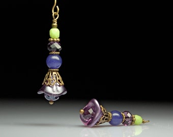 Bead Dangles Purple and Green Glass Flowers Pair PR153