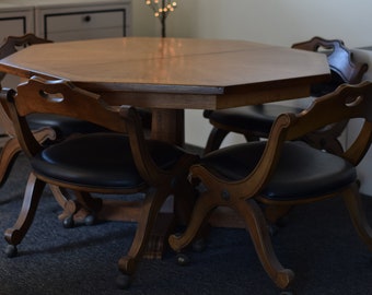 Vintage Super Rare Octagon Oak American Table w/leaves and chairs COLLECTOR'S ITEM