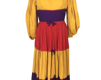 vintage 1970's color block prairie dress / Hartsville / yellow purple red / cotton / peasant dress / women's vintage dress / tag size 11