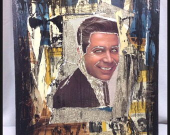 Original hand cut art collage on canvas, U Can Hurt Me vinyl record cover collage