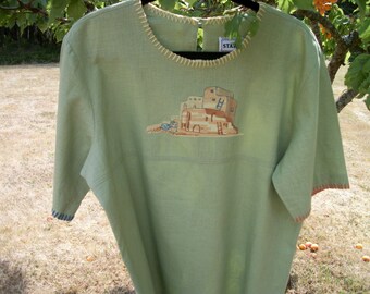 Retro Santa Fe 80s 90s SAGE Green Blouse w ADOBE DWELLING, extra touches of stitching,size 14