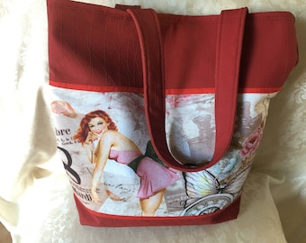 Red imitation leather theme "Pinup" tote bag