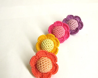 Crocheted beads - flowers, 20 mm handmade round balls cotton on wood, colorful mix