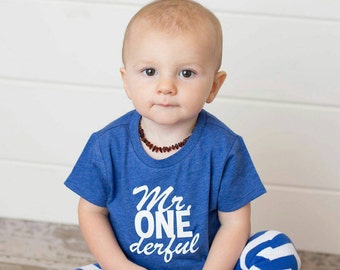 Mr ONEderful! - 1st Birthday shirt - cursive Front and Back design - Name on back - first birthday - one year old - Mr Wonderful - onederful