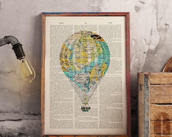 Map of France Balloon - Upcycled vintage image printed on a late 1800s Dictionary page Buy 3 get 1 FREE