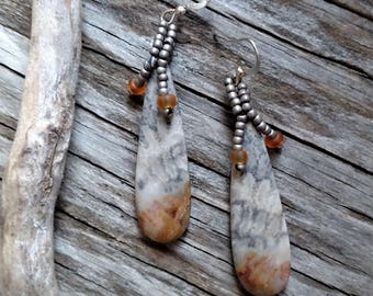 Beaded Statement Earrings - Bead Weaving Jewelry - Dangles - Indonesian Fossil Dangles - Tear Drop Shape - BOHO