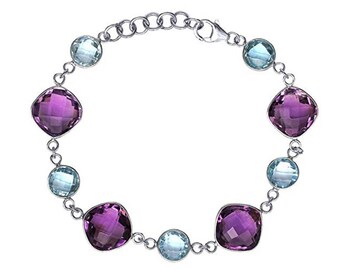 Natural 37 cttw Amethyst Blue Topaz Sterling Silver Bracelet