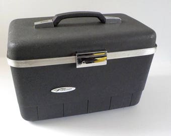 Vintage Train Case Forecast with Key • Traincase Black Grey Suitcase • Grey Black Make Up Case