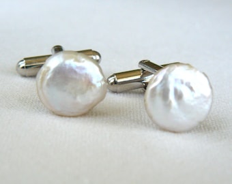 White Coin Pearl Cufflinks