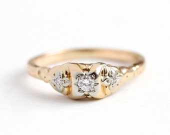 Sale - Vintage Diamond Ring - 14k Rose Yellow & White Gold .08 CTW Diamond - Size 6 Art Deco Two Tone 1930 Engagement Promise Flower Jewelry