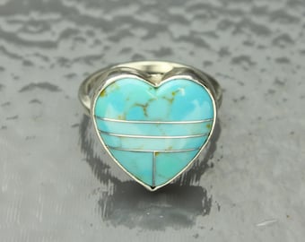 Turquoise Heart Ring in Sterling Silver Turquoise Heart Inlaid Cabochon, Heart Ring, Aqua Blue