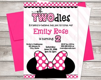 Oh Twodles Invitation Girl, Minnie Mouse Invitation 2nd Birthday PRINTABLE Minnie Mouse Birthday, Party Pink Digital Electronic Invite Two 2