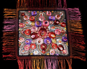 Traditional Vintage Hungarian Silk Matyo Floral Embroidered Square Tablecloth from the 40s