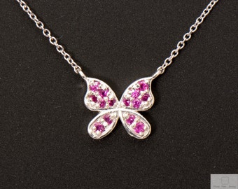 Dainty Pink Sapphire Butterfly Necklace Genuine Sterling Silver 925 with link chain