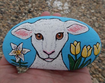 Easter Lamb Lily Tulips Painted Rock, Easter Painted Rock, Easter Decoration