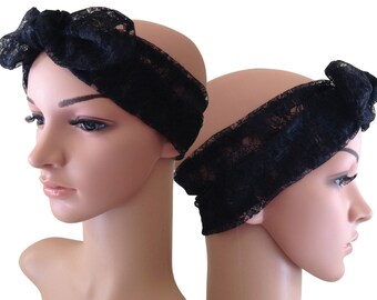 Black Floral Lace Madonna Style Vintage 80's Hen Night Rockabilly Head Scarf Hair Band Bow - BobbiePinsVintage