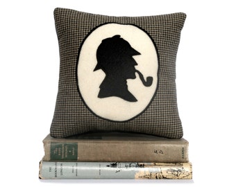 Sherlock Holmes Book Lovers Bookshelf Pillow Houndstooth Shadow Silhouette