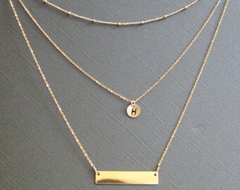 Layering necklaces, Layered Set of 3 Necklaces, Silver Personalized Bar Layering Necklace, Nameplate Jewelry, Dainty Minimalist Initial disc