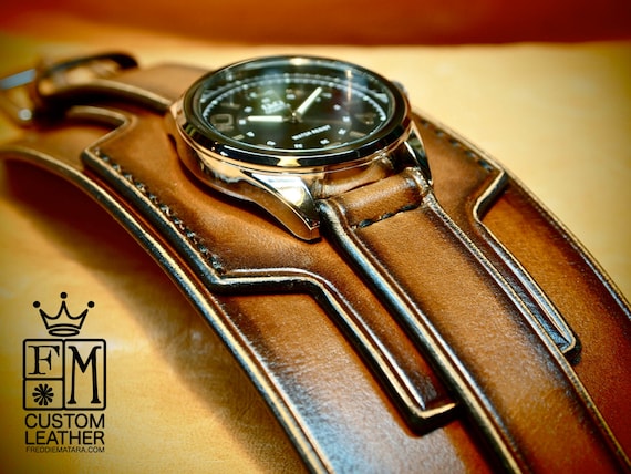 Leather cuff watch Tobacco Brown sunburst wide layered leather watch band Hand made for YOU in USA by Freddie Matara!
