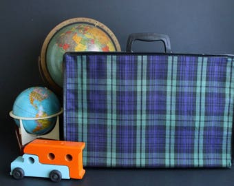 Vintage Collapsible Suitcase Green and Blue Tartan Plaid Luggage