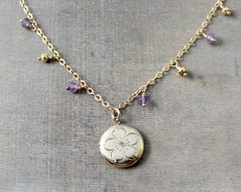 Round Gold Locket, Gold Dangle Choker, February Birthstone Locket, Gold Picture Locket, Amethyst Locket, Push Present, Gold Fringe Necklace