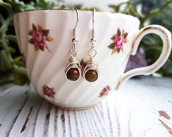 unakite earrings, gemstone earrings, wire wrapped, crystal earrings, drop earrings, dangle earrings, stone earrings, handmade earrings