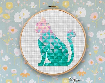 Geometric Cross Stitch Pattern Modern Triangle Mosaic Animal Counted Chart Nursery Cute Baby Cat Silhouette Home Decor Pattern PDF