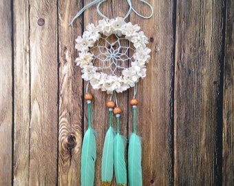 Floral Mint and Cream Glitter Dream Catcher, 3" Car Rear View Mirror Dreamcatcher