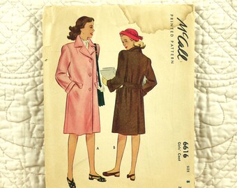 Girls Coat, M, 1948, Cut Complete, McCalls 6616 Pattern, Front Buttons, Notched Collar, Back Belt, Knee Length, Size 8