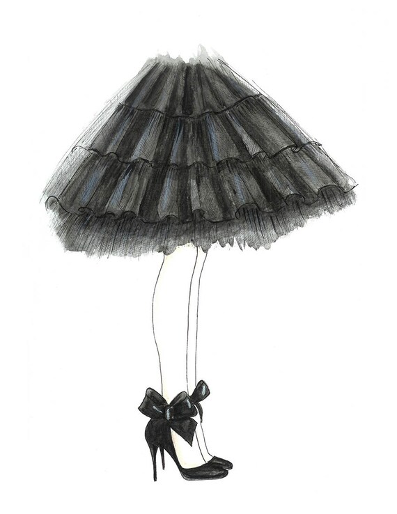 Watercolor Black Tulle Skirt and Bow Shoes Fashion
