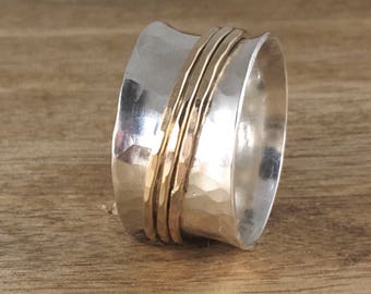 Sterling Silver and Gold Spinner Ring - Mixed Metal Ring - Silver Spinner Ring - Silver Band Ring - Custom Ring - Fidget Ring