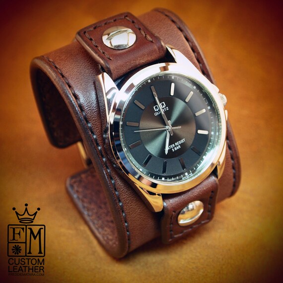 Leather cuff Watch Vintage Chocolate brown bridle leather watchband - handstitched leather watch band Made for YOU in USA by Freddie Matara