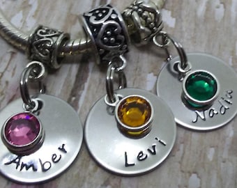 Hand Stamped, Circle plate, Names, Grandma, Nana, Mimi, Mother, MONOGRAMMED,Birthstone, add to Pandora or charm Bracelet