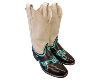 Hand Painted Leather Boots Black Teal & White Upcycled Vintage Cowboy Boots OOAK Women's Size 6