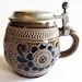 German Vintage Rustic Beer Mug with Tin Lid, Hunting Party on White Porcelain