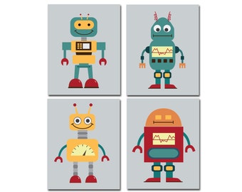 Retro Robot Wall Art Print, Nursery Space Wall Art, Boys Bedroom Decor - H673 - Custom Color-Unframed