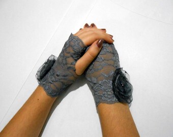 Gray Lace fingerless gloves Charcoal Wedding Gloves with organza flowers
