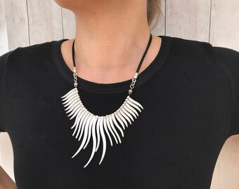 Silver Fringe Necklace Leather Necklace Festival Necklace Boho Necklace Cascade Necklace Statement Bib Necklace Birthday Gift for Wife
