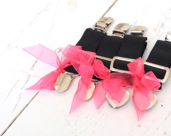 THIGH HIGH sock GARTERS - crocodile clips - onto shorts or knickers - pretty little bows - black garters - Gothic sock suspenders hot pink