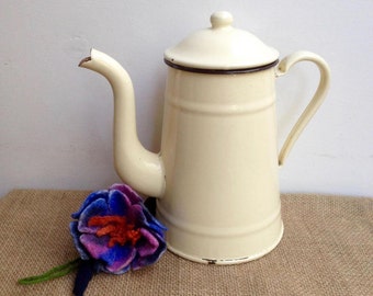 Vintage French, Enamel, Coffee Pot, Cream, Kitchenalia, French Kitchen, Vintage Kitchen, Enamelware, Country Kitchen, Coffee Table