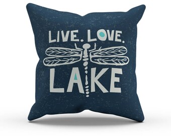 Navy, Dragonfly Live Love Lake Throw Pillow Cover, Decorative Pillow, Indoor Outdoor Cushion, Lake House Decor, Chunky Hand Lettering, 18in