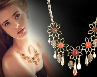 Gold Tone Floral Statement Necklace