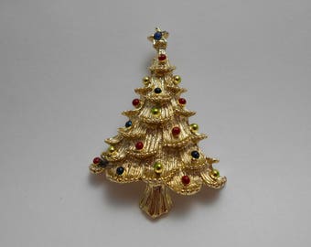 Vintage Christmas Gerry Tree Pin, Goldtone Tree Pin with Enamel Balls, Signed Gerry Christmas Tree Pin, Gift for Her