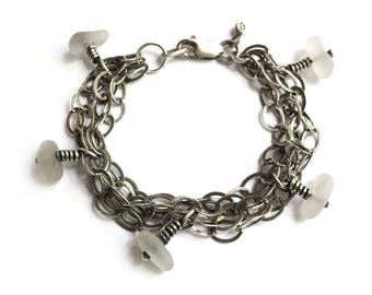 Sterling Silver Multichain Colorless Clear Seaglass Beach Glass Chain Bracelet