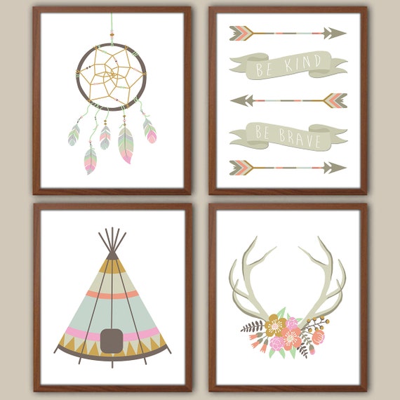 Girls Folk Nursery Wall Art Floral Nursery Decor Tribal