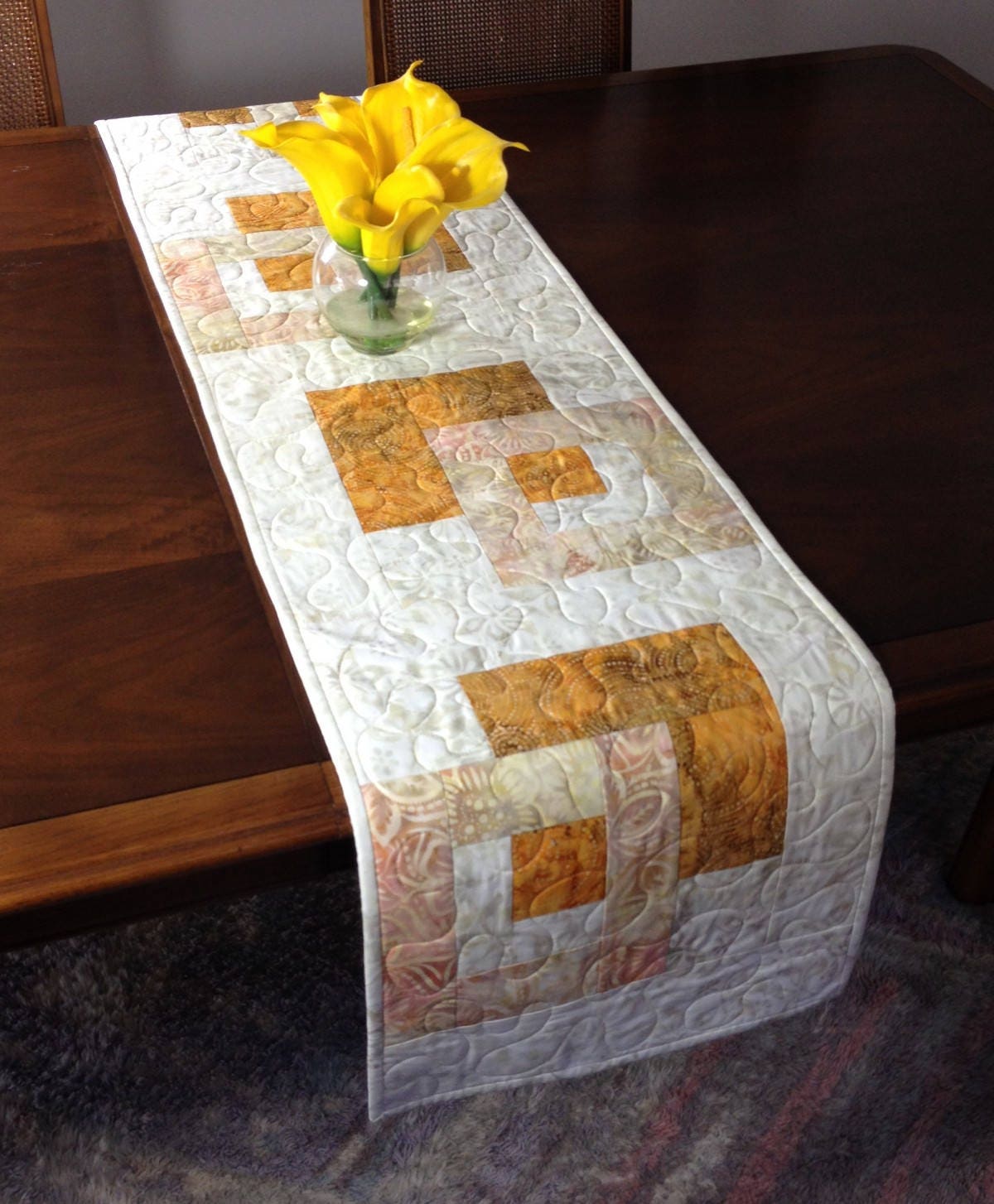 Modern Batik Table Runner Handmade Gold Quilted Tablerunner