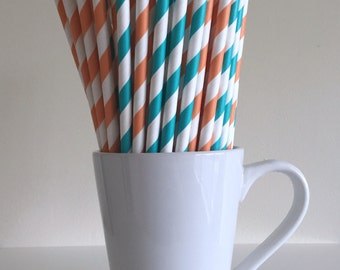Orange and Teal Paper Straws Orange and Aqua Striped Party Supplies Party Decor Bar Cart Cake Pop Sticks Graduation