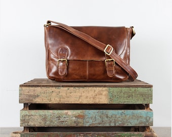 Leather Satchel, Messenger, Cross Body Bag, Tan