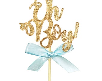 12 CT Glitter Oh Boy! WITH Baby Blue Ribbon Cupcake Topper Calligraphy Cursive Script Baby Shower Glitter Baby Shower Decoration