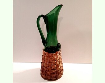 Vintage Large Green Glass and Wicker Wine Carafe Decanter Pitcher